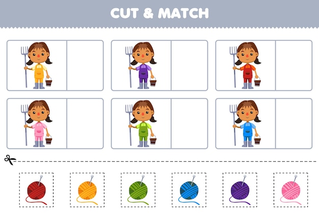 Education game for children cut and match the same color of cute cartoon farmer girl printable farm worksheet