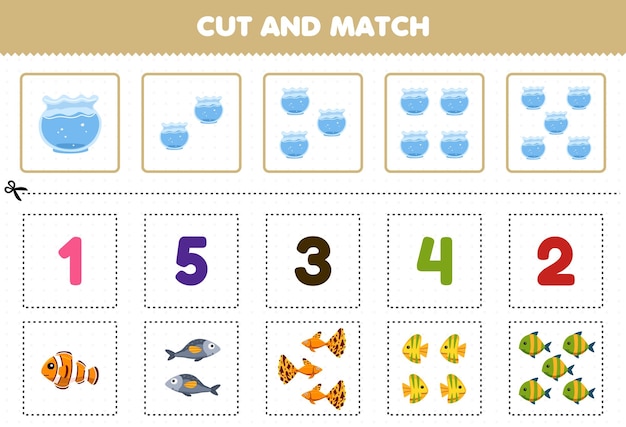 Education game for children cut and match the same number of cute cartoon fish printable underwater worksheet