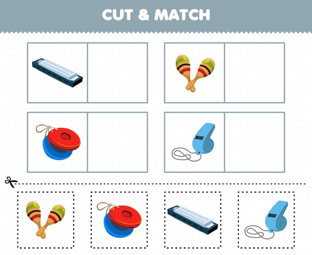 Education game for children cut and match the same picture of cartoon music instrument harmonica maracas castanet whistle