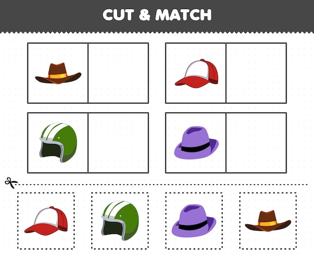 Education game for children cut and match the same picture of cartoon wearable clothes cowboy hat cap helm fedora