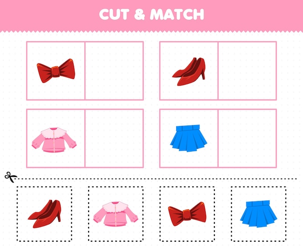 Education game for children cut and match the same picture of cartoon wearable clothes ribbon heel blouse skirt