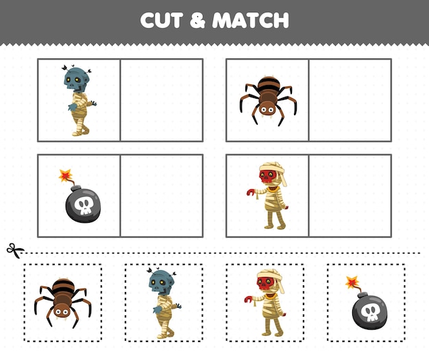 Education game for children cut and match the same picture of cute cartoon bomb spider mummy costume halloween printable worksheet