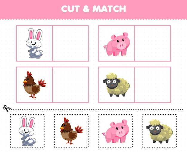 Education game for children cut and match the same picture of cute cartoon farm animal rabbit pig chicken sheep printable worksheet