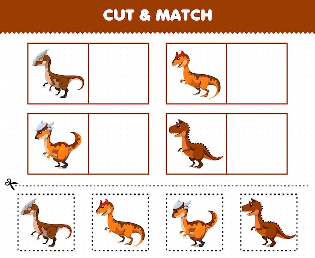 Education game for children cut and match the same picture of cute cartoon prehistoric brown dinosaur