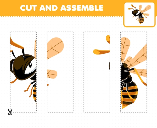 Education game for children cutting practice and assemble puzzle with cute cartoon wasp bee printable bug worksheet