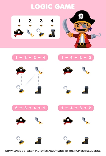 Education game for children draw lines according to the number sequences of cartoon hat sword hook boot picture printable pirate worksheet