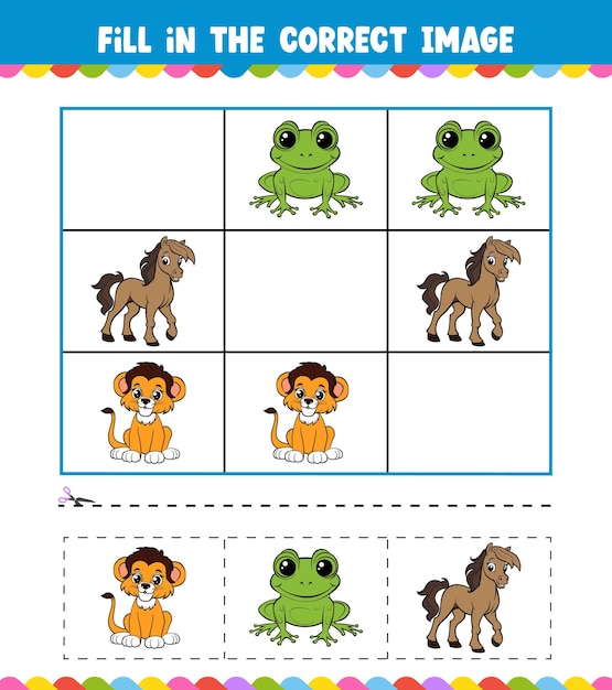 Education game for children Fill In The Correct Image with Cute Animal