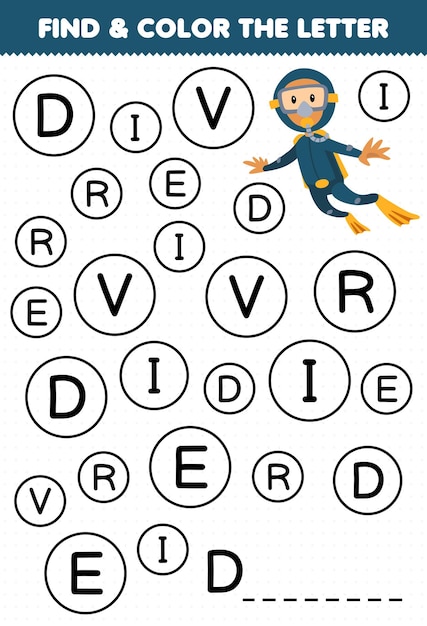 Education game for children find and color letter D for diver printable underwater worksheet