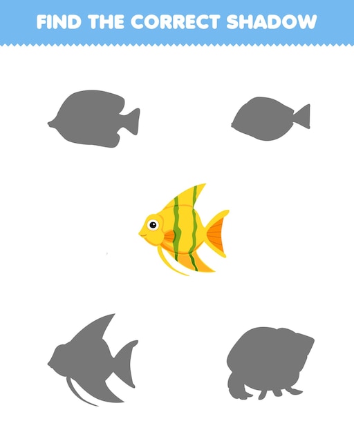 Education game for children find the correct shadow of a cute fish printable pet worksheet