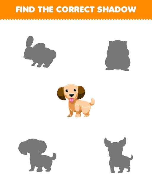 Education game for children find the correct shadow of a cute puppy printable pet worksheet