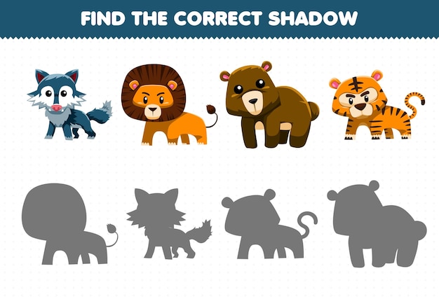 Education game for children find the correct shadow set of cute carnivore animal