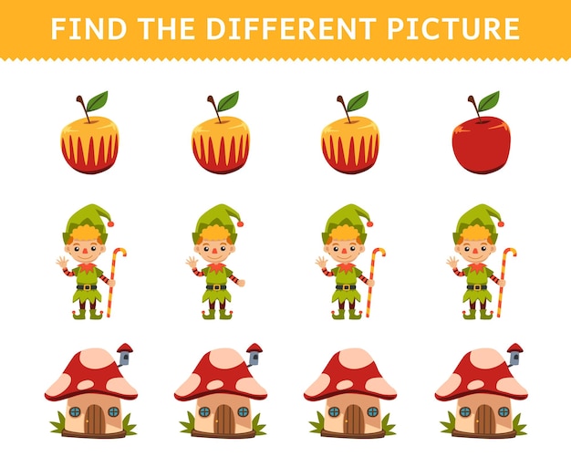 Education game for children find the different picture in each row of cute cartoon apple dwarfs costume mushroom house halloween printable worksheet