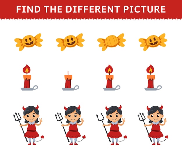 Education game for children find the different picture in each row of cute cartoon candy candle devil girl costume halloween printable worksheet