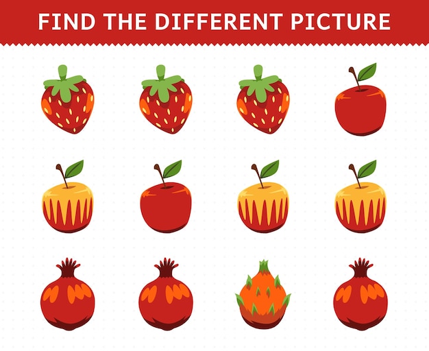 Education game for children find the different picture in each row fruits strawberry apple pomegranate dragon fruit