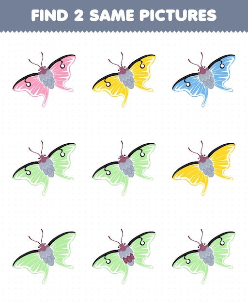 Education game for children find two same pictures of cute cartoon moth printable bug worksheet