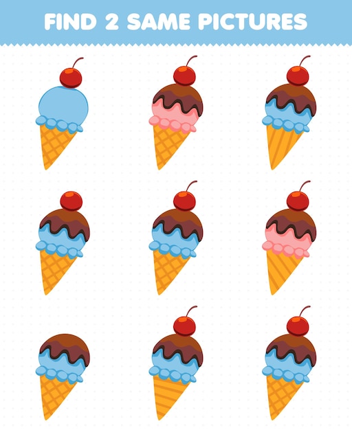 Education game for children find two same pictures food snack ice cream