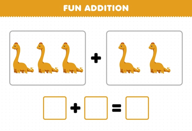 Education game for children fun addition by counting cute cartoon prehistoric dinosaur brontosaurus pictures worksheet