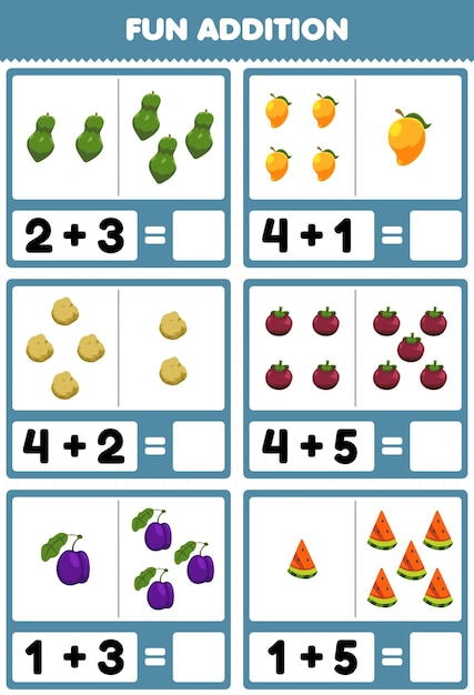 Education game for children fun addition by counting and sum cartoon papaya mango potato mangosteen plum watermelon pictures worksheet