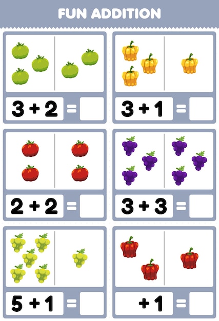 Education game for children fun addition by counting and sum cartoon tomato paprika grape pictures worksheet