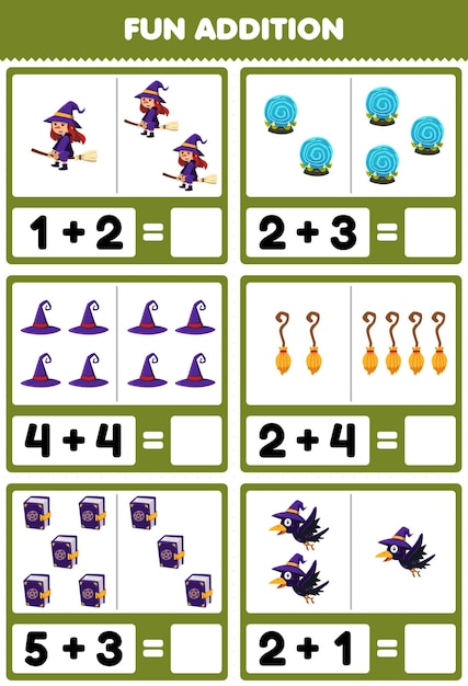 Education game for children fun addition by counting and sum of cute cartoon witch magic orb hat broom book crow halloween printable worksheet