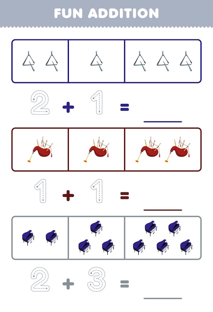 Education game for children fun addition by counting and tracing the number of cartoon triangle bagpipes piano printable music instrument worksheet