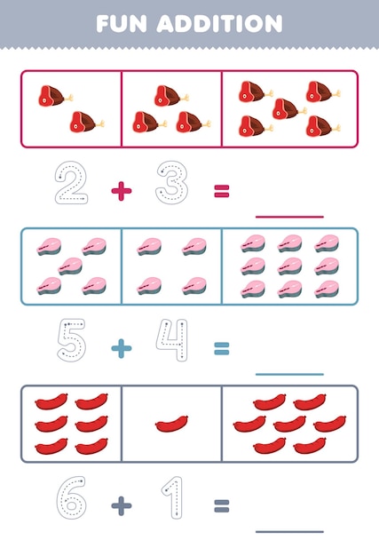 Education game for children fun addition by counting and tracing the number of cute cartoon beef salmon sausage printable food worksheet