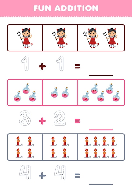 Education game for children fun addition by counting and tracing the number of cute cartoon devil girl potion bottle candle printable halloween worksheet