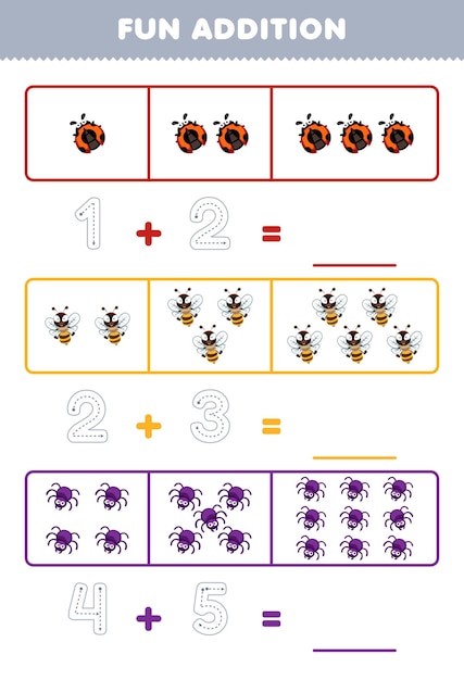 Education game for children fun addition by counting and tracing the number of cute cartoon ladybug bee spider printable animal worksheet