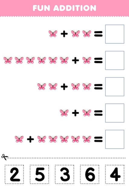 Education game for children fun addition by cut and match correct number for cute cartoon butterfly printable bug worksheet