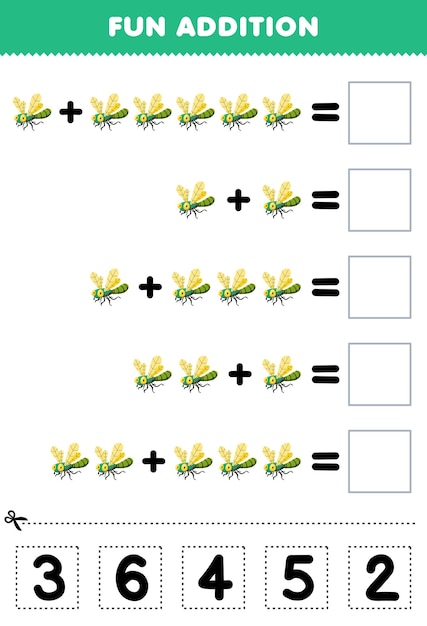 Education game for children fun addition by cut and match correct number for cute cartoon dragonfly printable bug worksheet