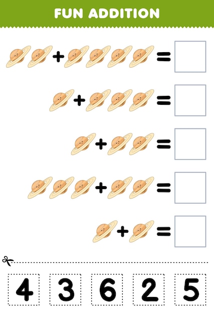 Education game for children fun addition by cut and match correct number for cute cartoon saturn planet printable solar system worksheet