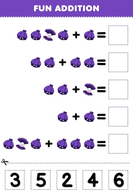 Education game for children fun addition by cut and match correct number for cute cartoon shell printable underwater worksheet