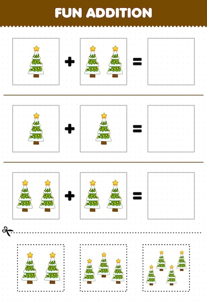 Education game for children fun addition by cut and match of cute cartoon christmas tree pictures for printable winter worksheet