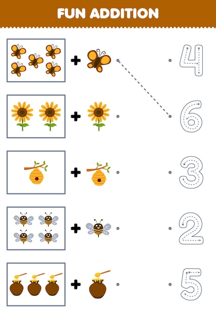 Education game for children fun addition of cartoon butterfly sunflower beehive bee honey then choose the correct number by tracing the line farm worksheet