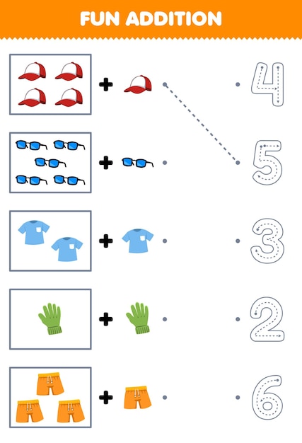 Education game for children fun addition of cartoon cap glasses t shirt glove pant then choose the correct number by tracing the line clothes worksheet