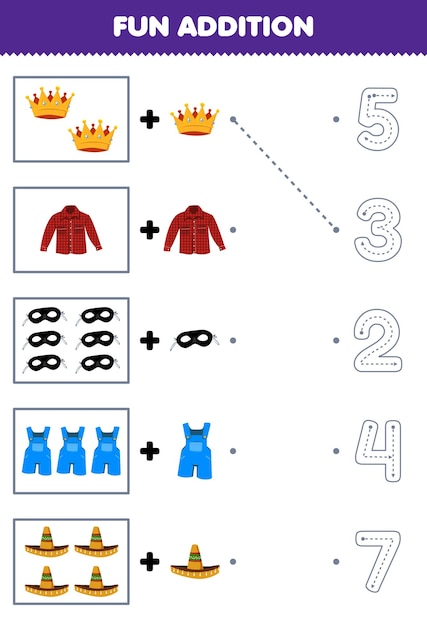 Education game for children fun addition of cartoon crown flannel mask sombrero hat then choose the correct number by tracing the line clothes worksheet