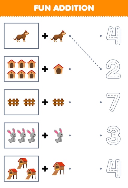 Education game for children fun addition of cartoon dog kennel fence rabbit hutch then choose the correct number by tracing the line farm worksheet