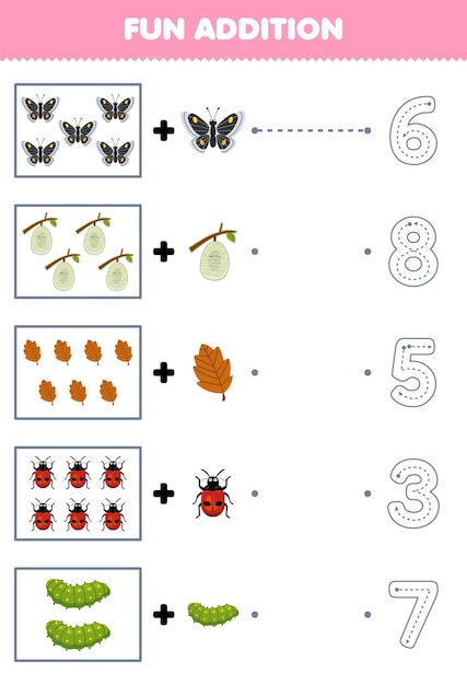 Education game for children fun addition of cute cartoon butterfly cocoon leaf ladybug caterpillar then choose the correct number by tracing the line bug worksheet