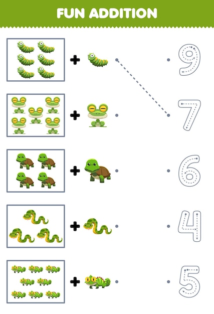 Education game for children fun counting and add one more cute cartoon green animal then choose the correct number by tracing the line worksheet