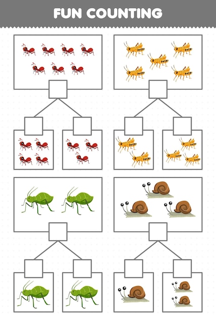 Education game for children fun counting picture in each box of cute cartoon ant grasshopper aphid snail printable bug worksheet