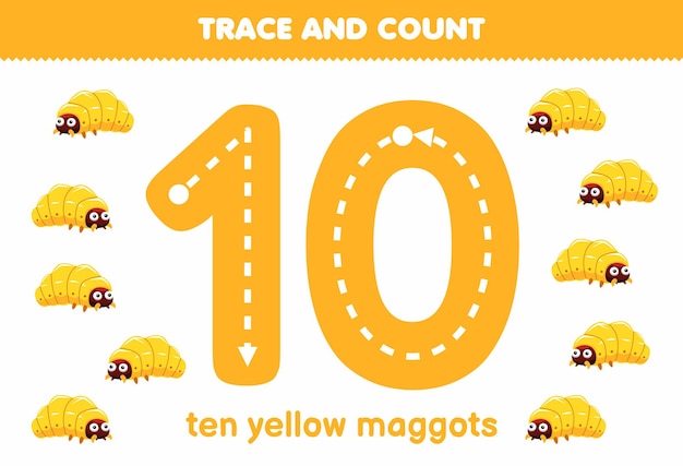 Education game for children fun counting ten yellow maggots printable bug worksheet