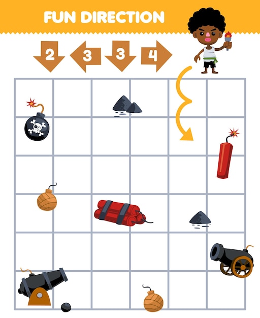 Education game for children fun direction help boy carrying torch move according to the numbers on the arrows printable pirate worksheet