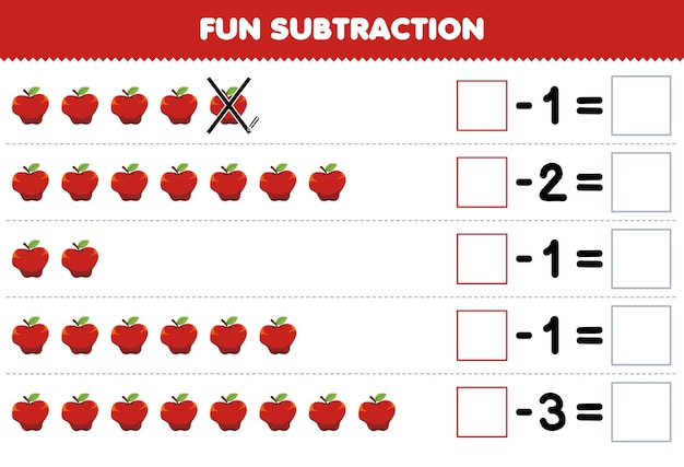 Education game for children fun subtraction by counting cartoon apple in each row and eliminating it printable fruit worksheet