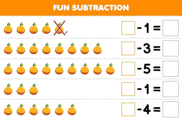 Education game for children fun subtraction by counting cartoon orange in each row and eliminating it printable fruit worksheet