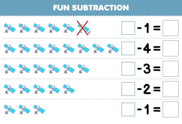 Education game for children fun subtraction by counting cute cartoon satellite in each row and eliminating it printable solar system worksheet