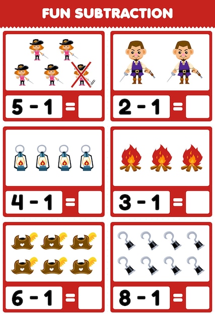 Education game for children fun subtraction by counting and eliminating cute cartoon man woman lantern bonfire hat hook printable pirate worksheet