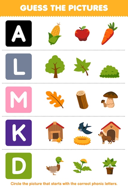 Education game for children guess the correct picture for phonic word that starts with letter A L M K and D printable farm worksheet