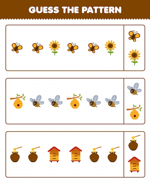 Education game for children guess the pattern each row from cute cartoon butterfly sunflower beehive bee honey printable farm worksheet