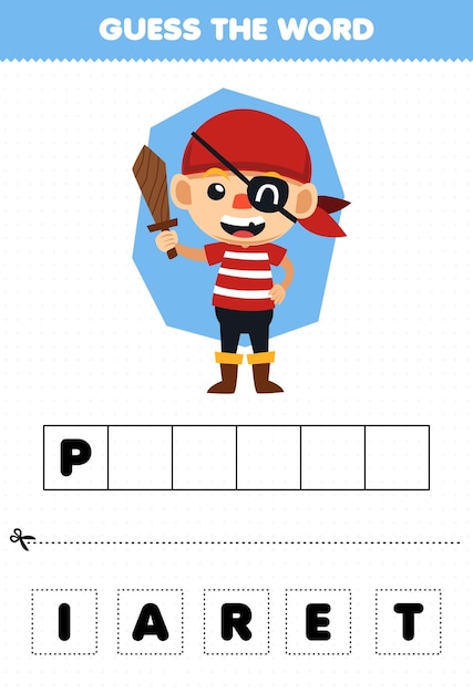 Education game for children guess the word letters practicing of cute cartoon pirate halloween printable worksheet