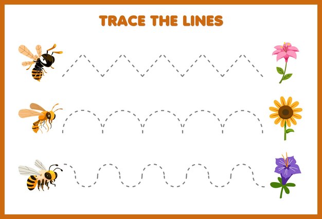 Education game for children handwriting practice trace the lines with cute cartoon bee and flower picture printable bug worksheet